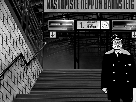 Alois Nebel steht auf einer Stiege auf einem großen Bahnhof.